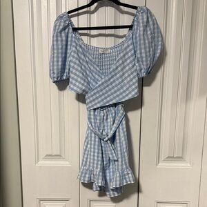 Benny+Olive Blue and White Gingham Dress checkered smocked bank front wrap - sm